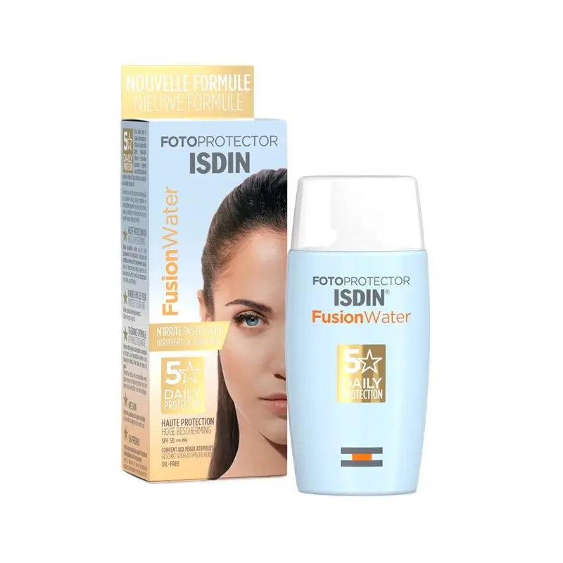 کرم ضد آفتاب بی رنگ ایزدین SPF50 مدل Fusion Water 5 Daily مناسب انواع پوست حجم 5ستاره طلایی و نارنجی