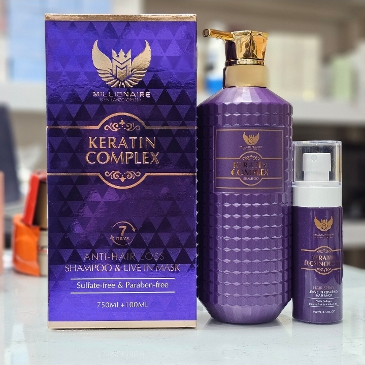 شامپو کراتین ضد ریزش مو حجم 750 میل + همراه با اسپری ترمیم کننده مو حجم 100میل (Keratin Complex)